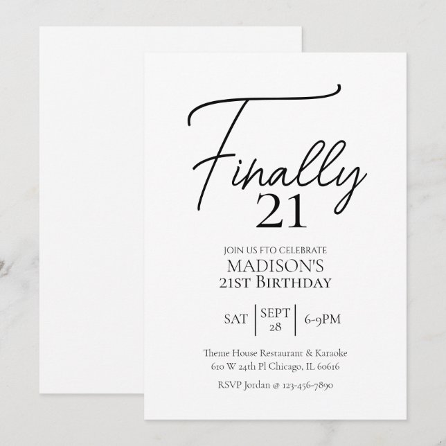 Invitation Enfin 21 Noir & Blanc 21e anniversaire (Devant / Derrière)