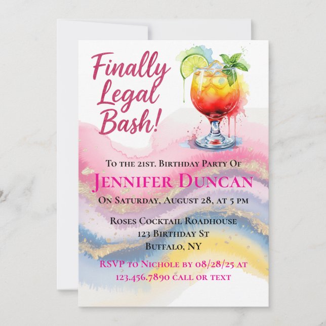 Invitation Enfin Juridique 21. Anniversaire pour une fille (Devant)