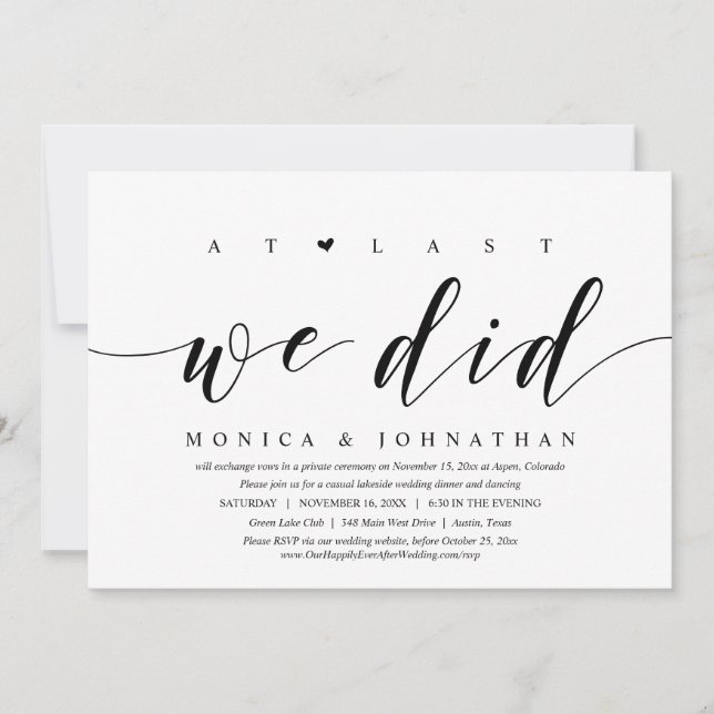 Invitation Enfin, nous l'avons fait, dîner de mariage en fuit (Devant)