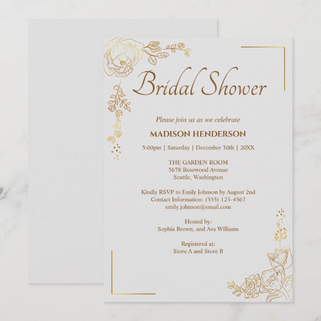 Invitation Engraving Golden Floral Mariage Fête des mariées (Devant / Derrière)