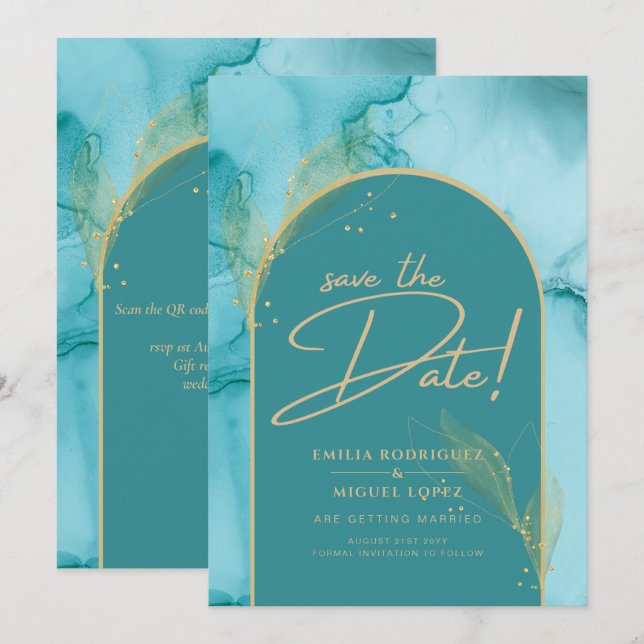 Invitation ENK Abstrait Turquoise Turquoise Gold Mariage DATE (Devant / Derrière)
