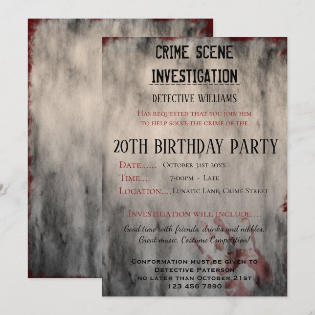 Invitation Enquête sur la scène de crime 20e fête d'anniversa (Devant / Derrière)
