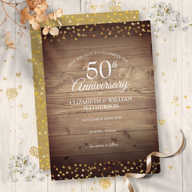 Invitation Enregistrer la date 50e anniversaire Rustic Gold H (Save the Date 50th Anniversary Rustic Gold Hearts Invitation)