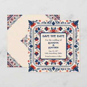 Invitation Enregistrer la date, art populaire floral, rouge b
