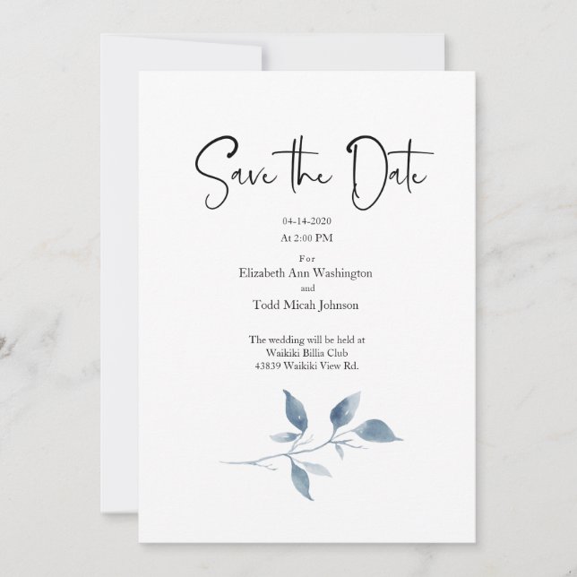 Invitation Enregistrer la date Bleu Aquarelle Feuilles bio (Devant)