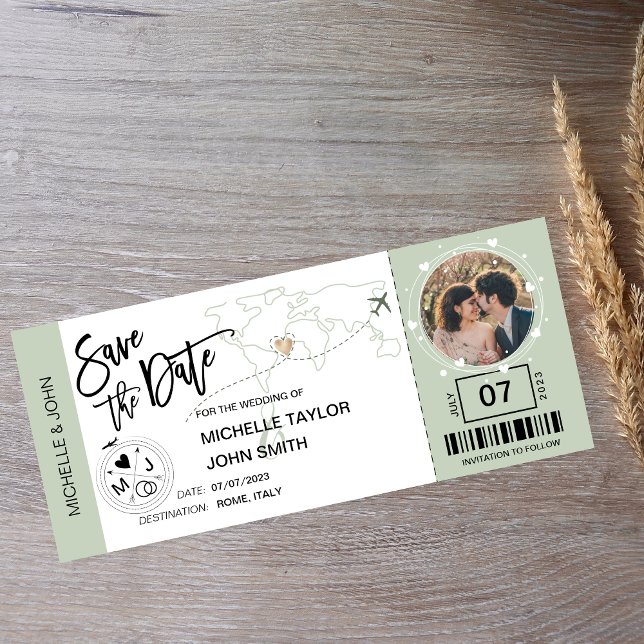 Invitation Enregistrer la date Boarding Pass Simple World Map (Créateur téléchargé)