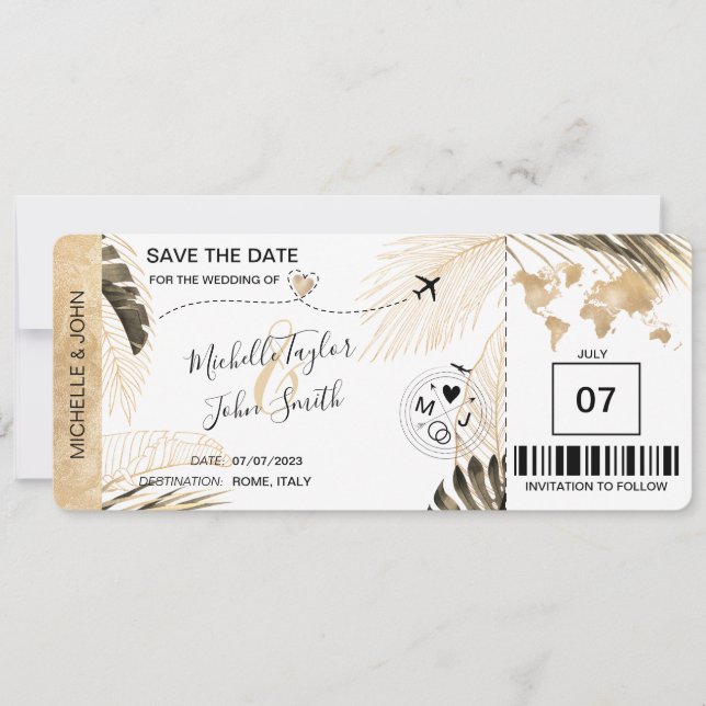 Invitation Enregistrer la date Boarding Pass World Map Beach  (Devant)