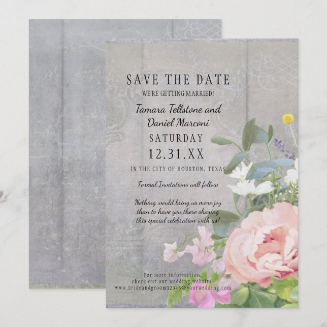 Invitation Enregistrer la date BOHO Rustic Floral Wood Grange (Devant / Derrière)