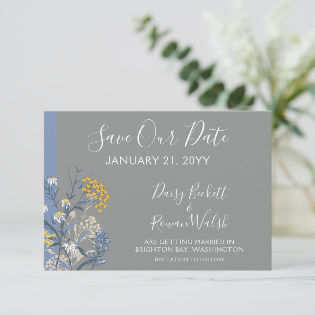 Invitation Enregistrer La Date Botanique Daisy Floral Navy Ca (Debout devant)
