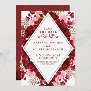 Invitation Enregistrer la date Burgundy et rose aquarelle Flo