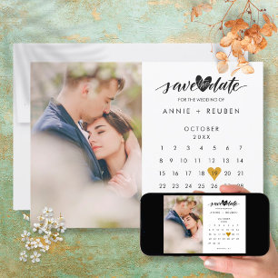 Invitation Enregistrer la date Calendrier Elegant Gold Heart 