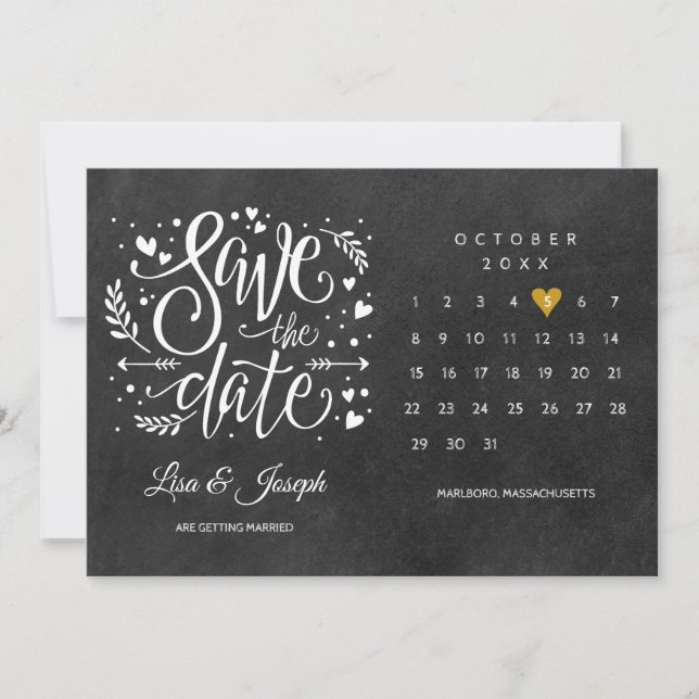 Invitation Enregistrer la date Calendrier Gold Heart Chalkboa (Devant)