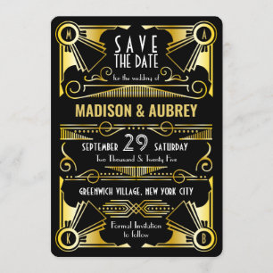 Invitation Enregistrer la date Gatsby Mariage Art Déco Gold B