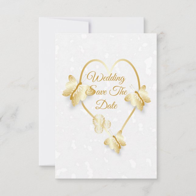 Invitation Enregistrer La Date Gold Coloured Heart Butterflie (Devant)