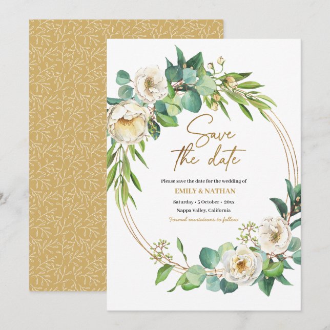 Invitation Enregistrer la date Gold et White floral Invitatio (Devant / Derrière)
