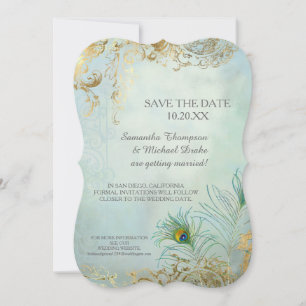 Invitation Enregistrer la date Gold Leaf Peacock Feather Eleg