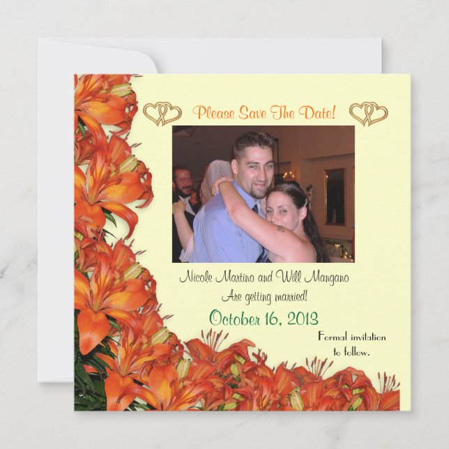 Invitation Enregistrer la date Lys orange floral avec photo (Devant)