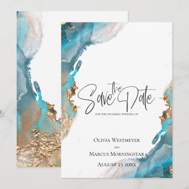 Invitation Enregistrer la date Marbled Encre Turquoise et Or (Devant / Derrière)