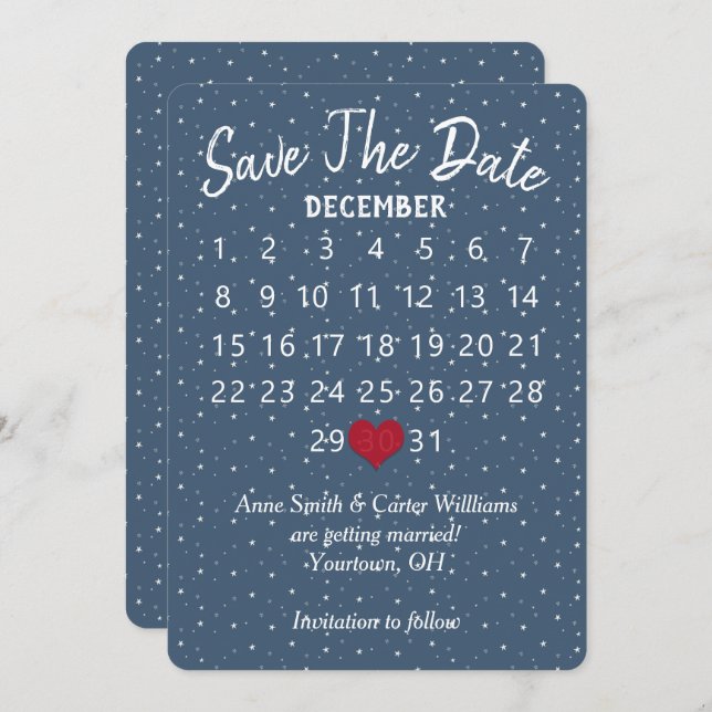 Invitation Enregistrer la date Mariage Calendrier Star Snowfl (Devant / Derrière)