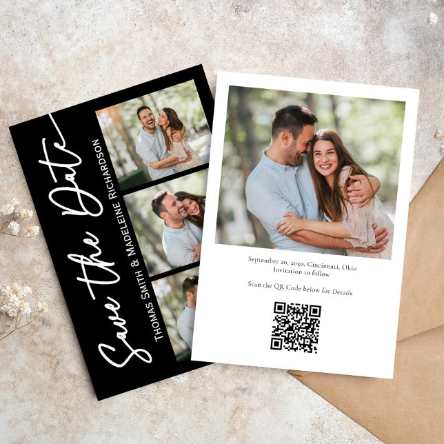 Invitation Enregistrer la date Mariage moderne minimaliste ph (Save the date photo collage template with black and white typography. )