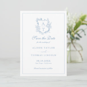Invitation Enregistrer La Date Monogram Crest Dusty Blue Card