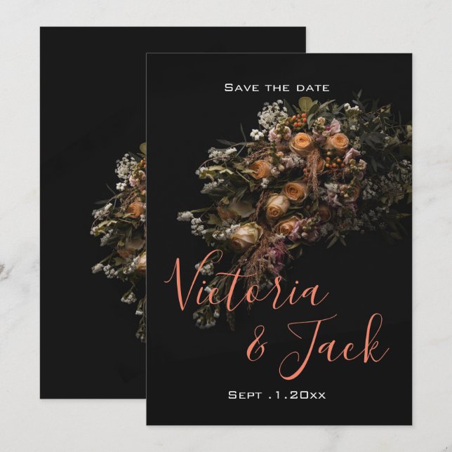Invitation enregistrer la date moody floral, orange white flo (Devant / Derrière)