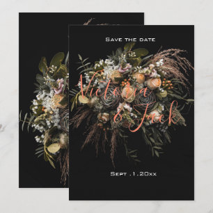 Invitation enregistrer la date moody floral, orange white flo