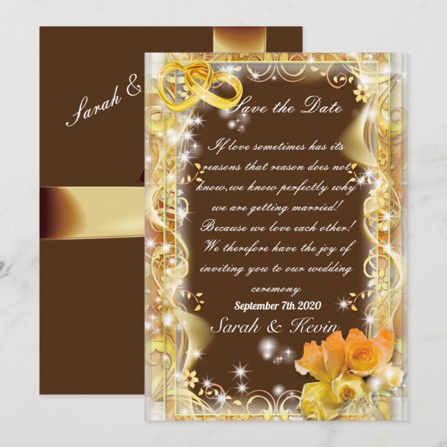 Invitation Enregistrer la date orange or & Brown bg aquarelle (Devant / Derrière)