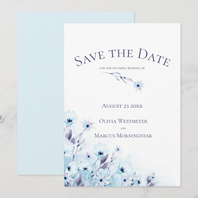 Invitation Enregistrer la date Pale Blue Anemone Garden (Devant / Derrière)