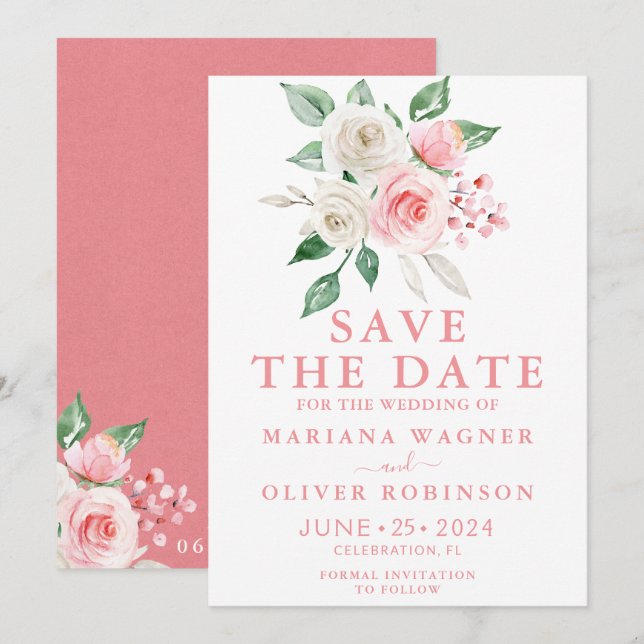 Invitation Enregistrer la date Peach rose blanc Aquarelle flo (Devant / Derrière)