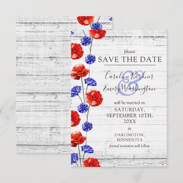 Invitation Enregistrer la date Rustic Wood Red Poppy Floral C (Devant / Derrière)