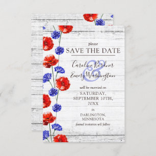 Invitation Enregistrer la date Rustic Wood Red Poppy Floral C