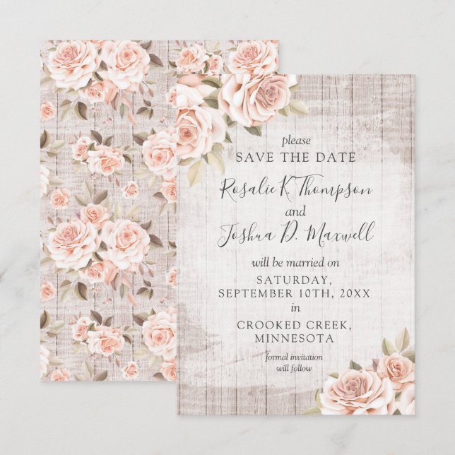 Invitation Enregistrer la date Rustic Wood & Romantic Rose Ca (Devant / Derrière)