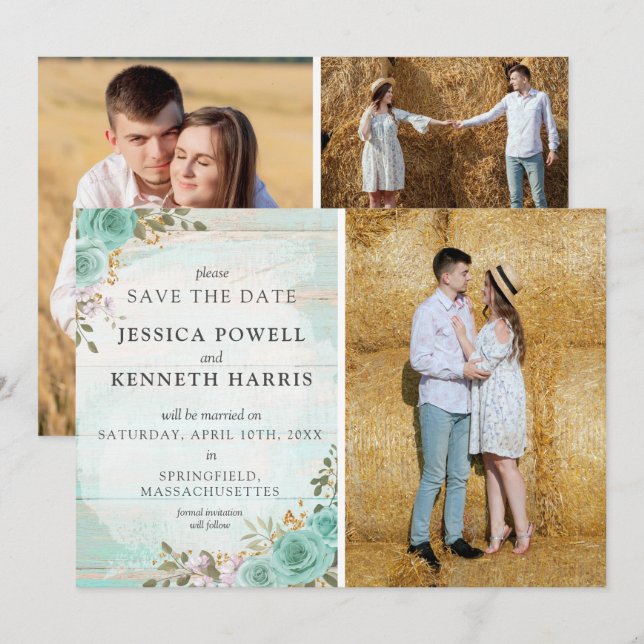 Invitation Enregistrer La Date Rustique Turquoise Floral 4 Ca (Devant / Derrière)