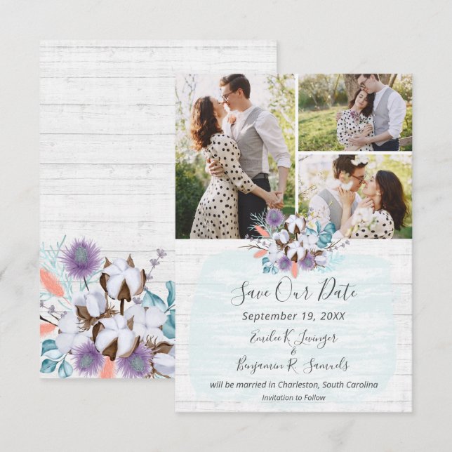 Invitation Enregistrer la date Southern Cotton Mariage campag (Devant / Derrière)