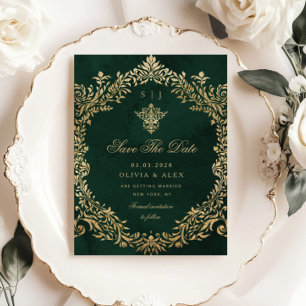 Invitation Enregistrer La Date Vintage Royal Emerald Gold Mar
