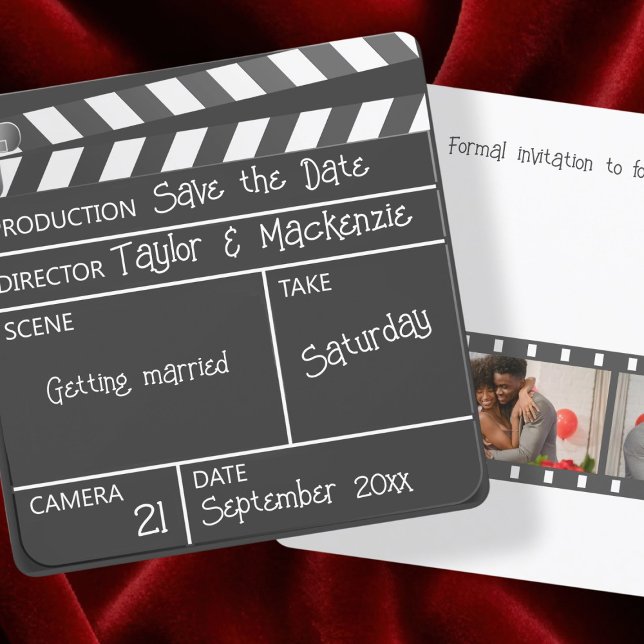 Invitation Enregistrer le Mariage Clapperboard Date Movie (Save the Date Movie Clapperboard Wedding Invitation by Ricaso Announce your wedding ideal for actors)