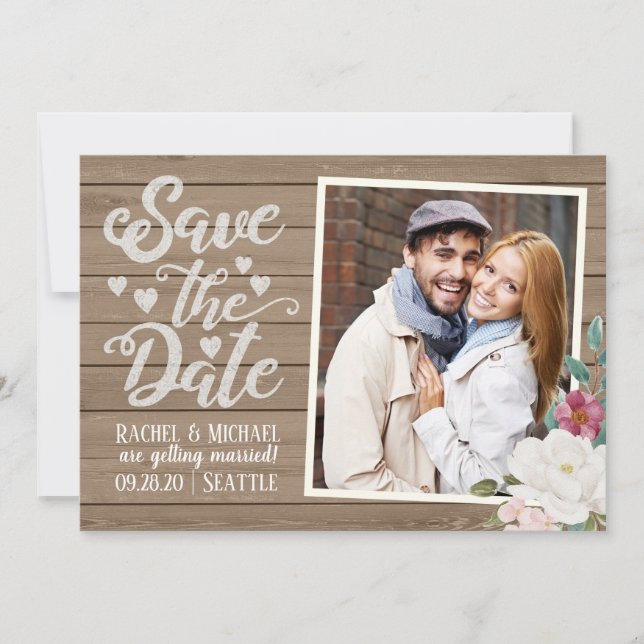 Invitation Enregistrer Le Mariage Date | Photo sur Bois avec  (Devant)