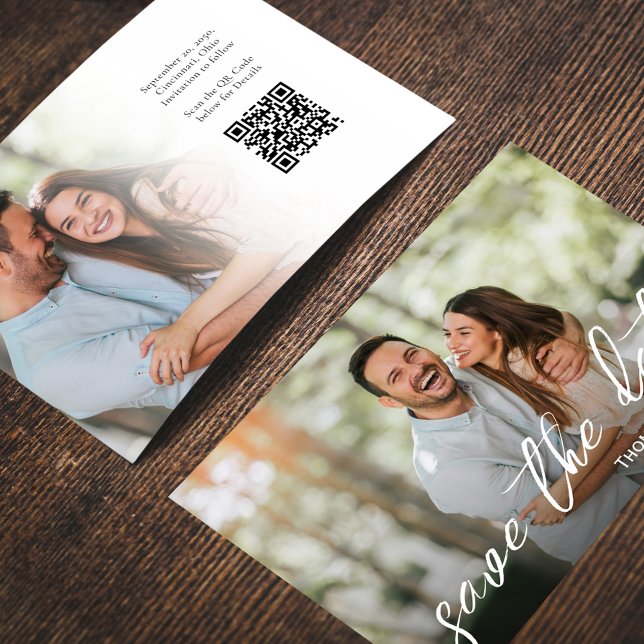 Invitation Enregistrer le Modèle photo minimaliste Mariage da (Wedding save-the-date photo card with a scannable QR code. )