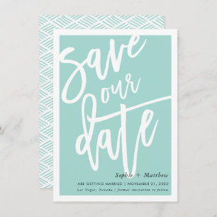 Invitation ENREGISTRER LE MOT DATE écriture script mint vert