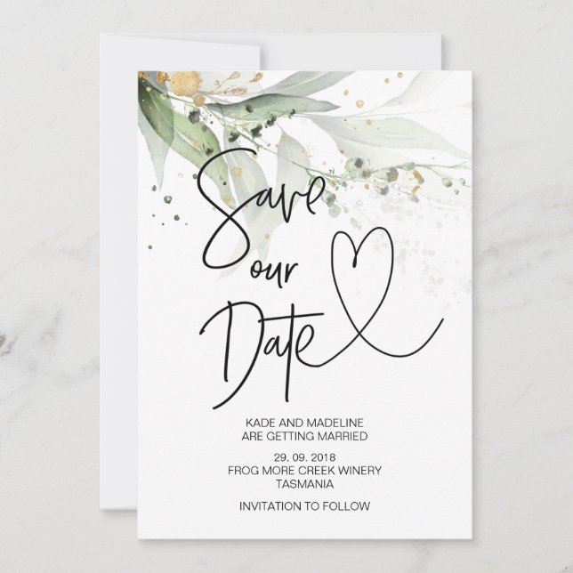 Invitation Enregistrer notre date Elegant Mariage Eucalyptus  (Devant)