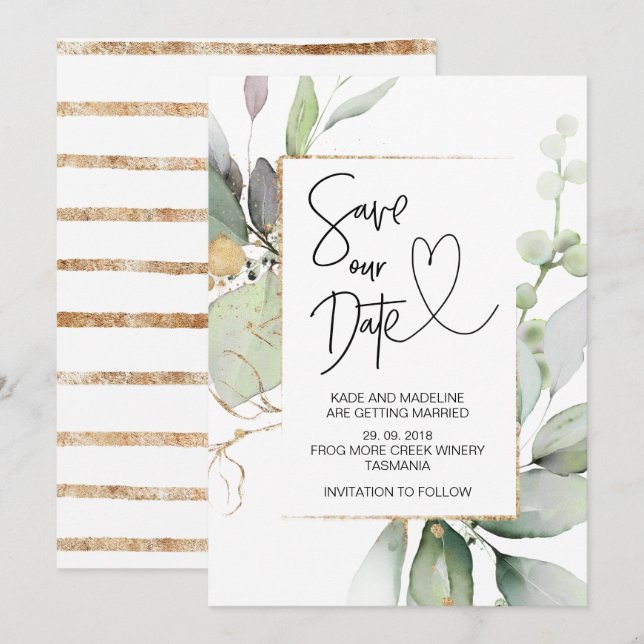 Invitation Enregistrer notre date Gold Eucalyptus Mariage Fia (Devant / Derrière)