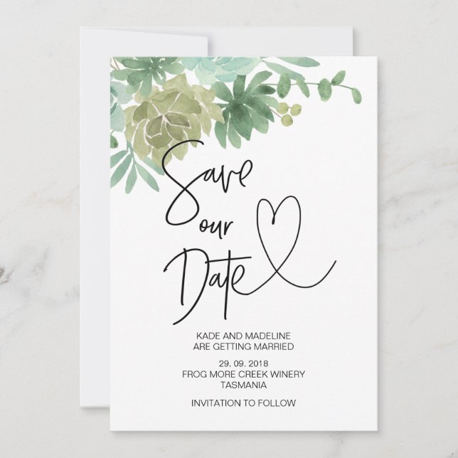 Invitation Enregistrer notre date Mariage Succulent vert (Devant)