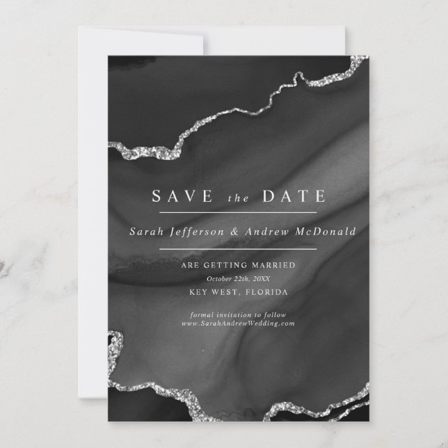 Invitation Enregistrez la date en noir et argent (Devant)