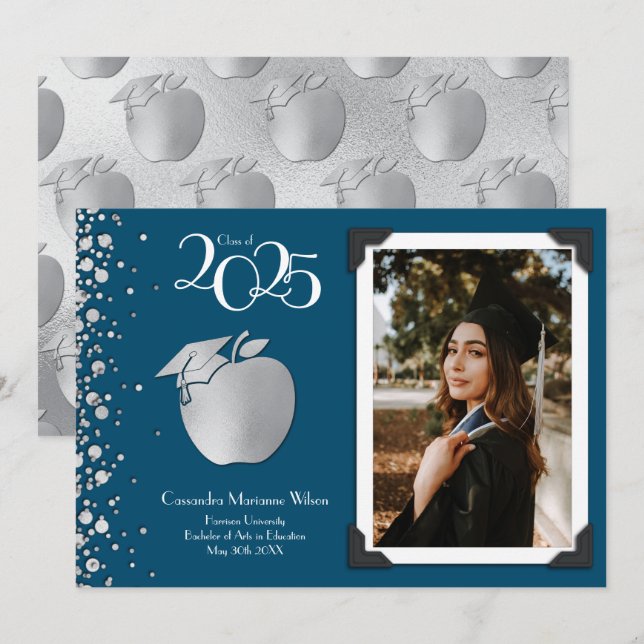 Invitation Enseignant Éducation Silver Graduation Marine Blue (Devant / Derrière)