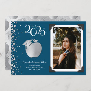 Invitation Enseignant Éducation Silver Graduation Marine Blue
