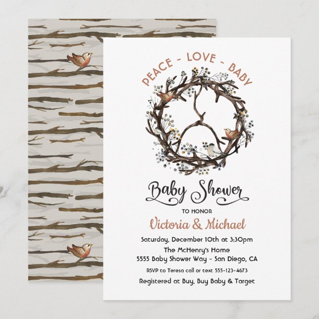 Invitation Enseignement de la paix Antler et Twig Baby shower (Devant / Derrière)