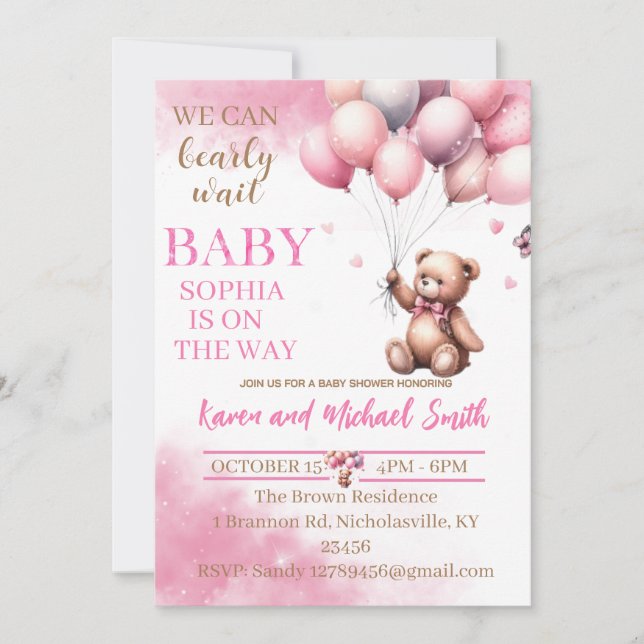 Invitation Ensemble de Baby shower à air chaud de l'ours rose (Devant)