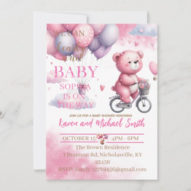 Invitation Ensemble de Baby shower à air chaud de l'ours rose (Devant)