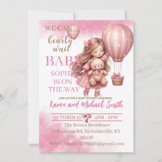 Invitation Ensemble de Baby shower à air chaud de l'ours rose
